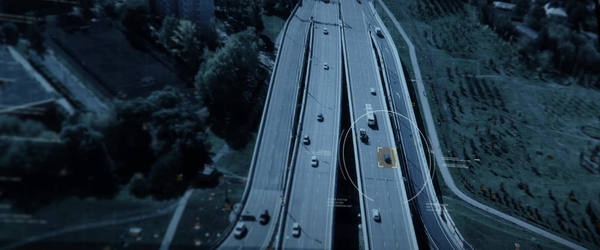 Aerial view of a vehicle traveling on a road